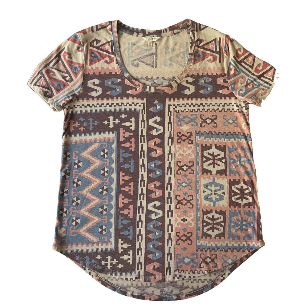 Lucky Brand Women Shirt M Multicolor Geometric Scoop Neck Pullover Short Sleeve